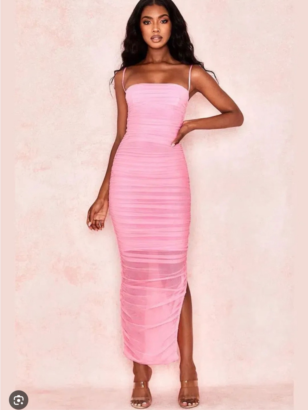House Of Cb Pink Ruched Midi Dress With Side Slit